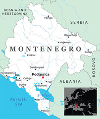 Fototapeta premium Political map of Montenegro displaying major cities, coastal zones along the Adriatic Sea, and neighboring borders within Southeast Europe
