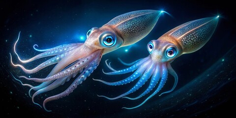 Oceanic Cephalopod Duo A Bioluminescent Underwater Ballet of Two Adorable Squids Glowing in the Dark Depths
