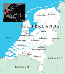 Obraz premium Political map of the Netherlands showing key cities, national borders, and coastal access to the North Sea
