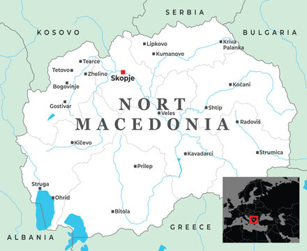 Political map of North Macedonia highlighting major cities, national borders with neighboring countries