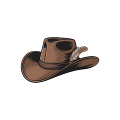 A vector illustration of a classic brown cowboy hat against a solid white background. The hat is crafted from worn leather with subtle stitching details and a slightly upturned brim.
