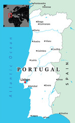Political map of Portugal highlighting major cities, bordering Spain, and its western coastline along the Atlantic Ocean, with an inset showing its location in Europe