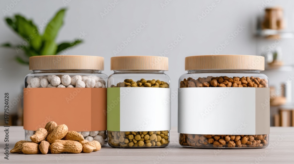 Poster clean composition of pet nutrition labels on jars with empty branding zones for visual appeal and pr