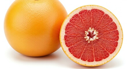A vibrant and fresh halved grapefruit showcases its juicy red flesh against a white background.