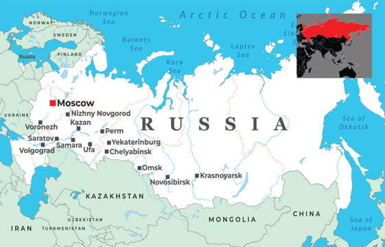 Political map of Russia displaying major cities, surrounding seas, neighboring countries, and its expansive geographical presence across Europe and Asia