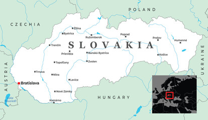 Political map of Slovakia showing major cities, surrounding borders with neighboring countries, and its geographical placement within Central Europe