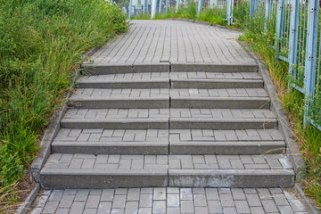 Concrete stairway with metal railings leading upward through green vegetation and urban landscape