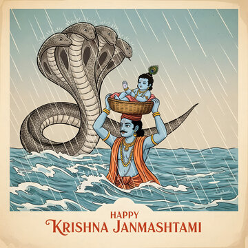 Lord krishna as a baby protected by his father nanda from the serpent kaliya during a monsoon storm