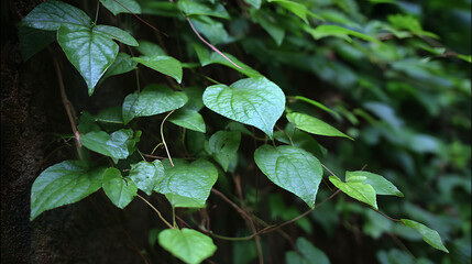 Bush grape or three-leaved wild vine cayratia (Cayratia trifolia) liana ivy plant bush, nature...