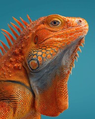 Obraz premium Close-up portrait of a vibrant orange iguana against blue background