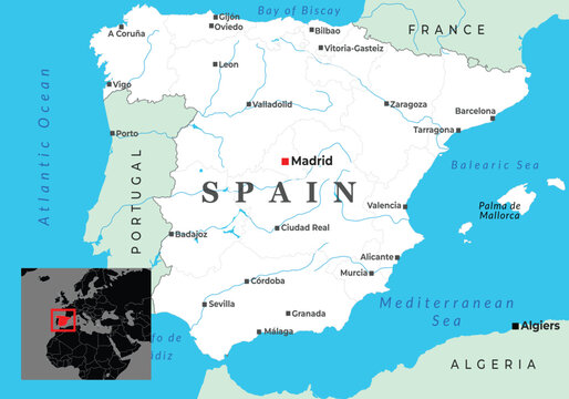 Political map of Spain displaying major cities, surrounding seas, bordering countries, and its geographic location within Europe