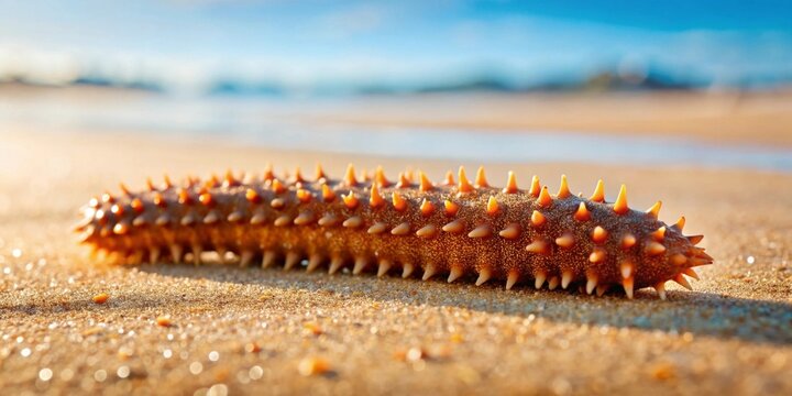 A spiny sea cucumber rests on a sun-drenched beach, its textured skin glistening in the warm light - Powered by Adobe
