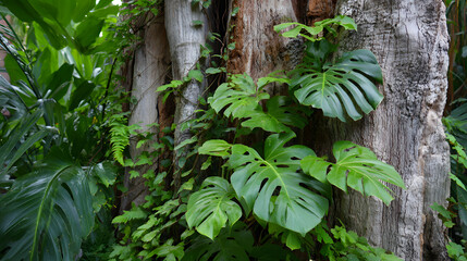Jungle tree trunk with climbing Monstera (Monstera deliciosa), bird’s nest fern, philodendron and forest orchid green leaves tropical foliage plants
