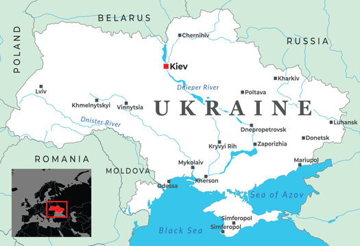 Political map of Ukraine displaying major cities, key rivers, surrounding countries