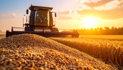 Golden wheat field under the sunset sun, a combine in work, harvesting. In the center of the frame, close -uped grains, creating a texture background.
