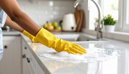 Cleaning of a kitchen countertop using bright yellow rubber gloves. On the surface, foam from the detergent is visible, creating a feeling of freshness and order.