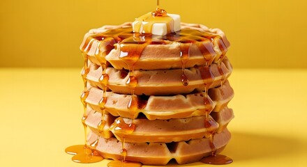 A tall, golden stack of waffles with butter and syrup cascading down every edge.