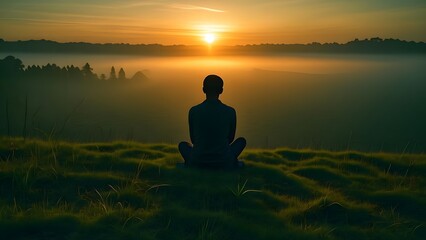 Silhouette of a man sitting on a mountain in sunset