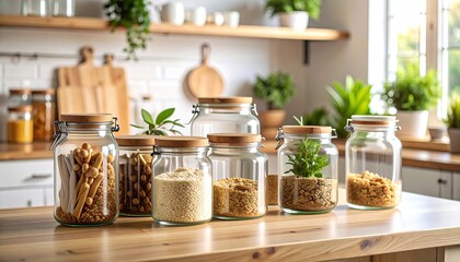 A number of glass cans with wooden lids on a wooden kitchen countertop filled with various cereals, nuts, sticks and fresh herbs.