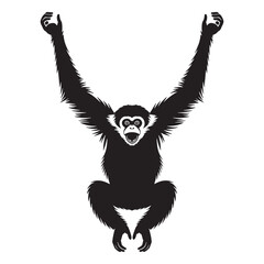 Black silhouette of a gibbon hanging with arms outstretched and mouth open