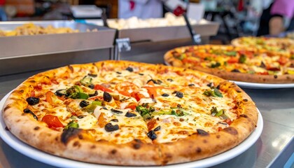 Two fresh pizzas with a variety of vegetable fillings - tomatoes, broccoli, pepper and olives - on white plates, exhibited on a buffet rack.