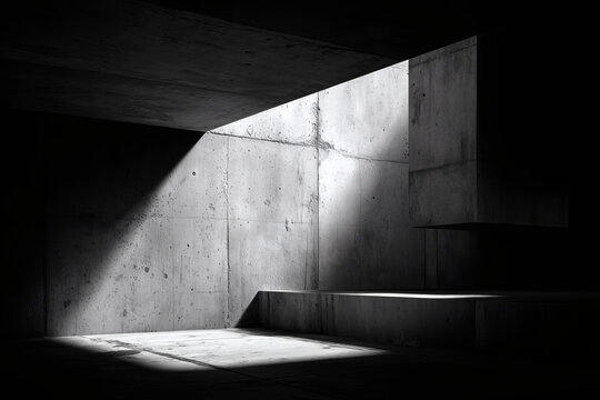 Monochrome concrete architectural space featuring an interesting light display and volumetric features. - Powered by Adobe