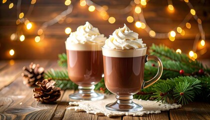Two glasses of hot chocolate with whipped cream, decorated on a wooden table with Christmas branches, cones and a garland of warm lights, creating a cozy winter atmosphere.