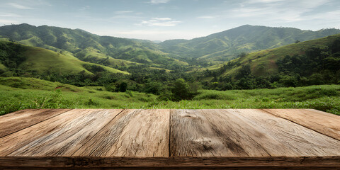 mountain green field landscape background and wooden empty dais table top for hiking tourism,...