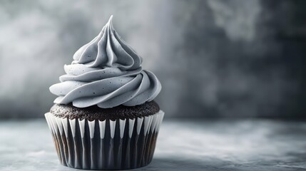 A single decadent chocolate cupcake is displayed, frosted with swirls of elegant grey buttercream icing.