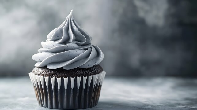 A single decadent chocolate cupcake is displayed, frosted with swirls of elegant grey buttercream icing.