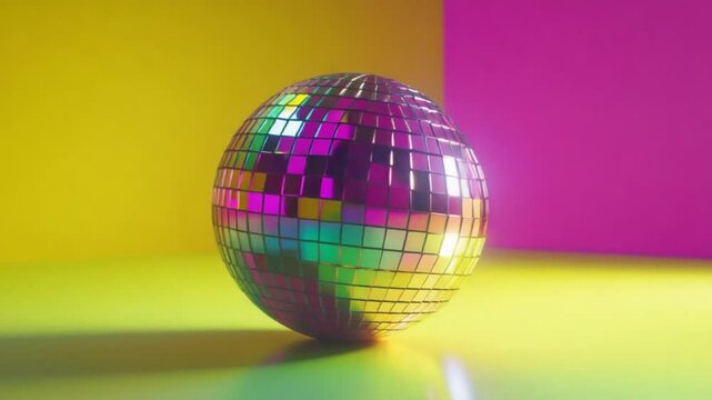 Disco Ball's Light Symphony: A vibrant disco ball, shimmering with a kaleidoscope of color, sits in a soft, colorful atmosphere, evoking the energetic spirit of a night of fun.