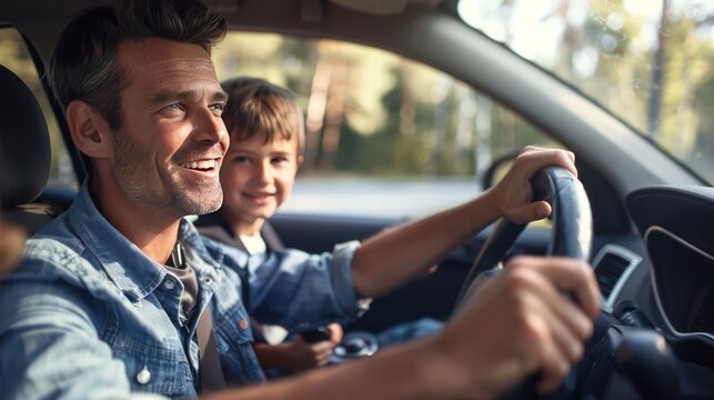 A father teaches his son how to drive, sitting in the passenger seat and offering guidance with a reassuring smile.