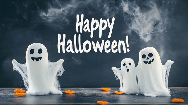 White happy halloween text on black background, celebrating the holiday of Halloween - Powered by Adobe