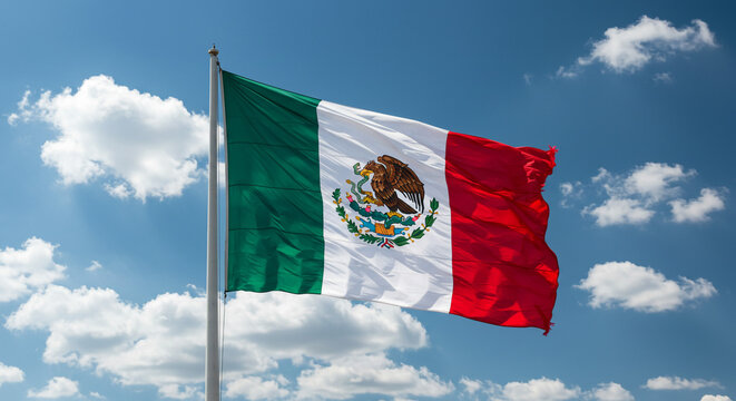 Mexico flag waving in the wind against a blue sky patriotic symbol of mexico