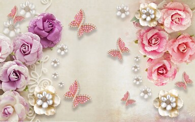 3D Embossed Roses and Butterfly Wall Decoration – Elegant Floral Mural for Interior Home Design
