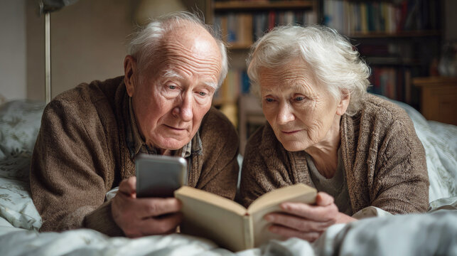 Elderly couple lying in bed reading a book and using a smartphone together, showing companionship, learning and connection in a cozy home setting.
