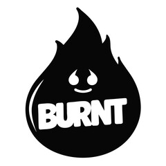 Bold white text with a burnt black flame icon on a white background