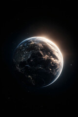 Fototapeta premium Detailed planet view featuring city lights and cloud formations, illuminated by the glow of sunrise.