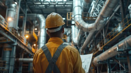 Fototapeta premium close-up of industrial pipes of oil refinery, back of engineer, technician, reading drawing, drawing, industrial engineering, blueprint, industrial background.