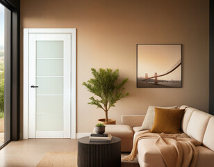 modern living room with white door