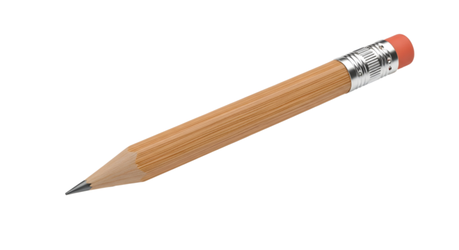 High-resolution image of a classic wooden pencil featuring a sharpened graphite tip and a pink eraser, isolated on a transparent background.