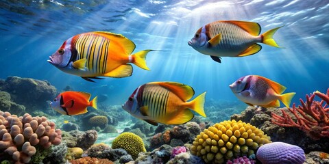 Fototapeta premium Vibrant Reef Inhabitants Swimming Gracefully Amidst Colorful Coral and Sunbeams