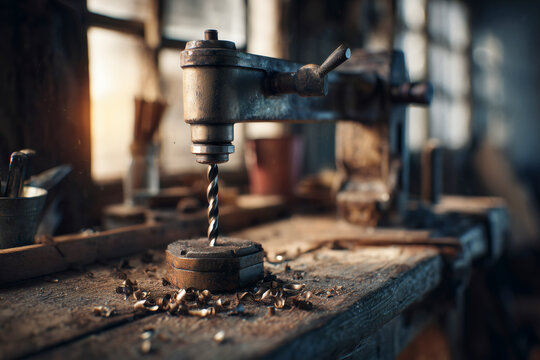 Vintage Drill Press: A classic workshop tool in a rustic setting, surrounded by wood shavings.