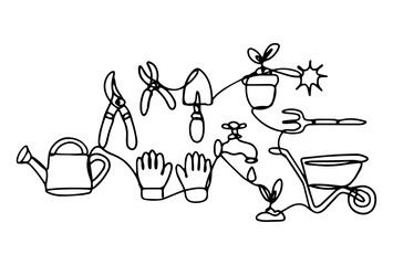 A set of gardening items hand-drawn in one line.