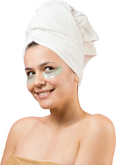 Young beautiful girl in a white towel on his head wears collagen gel patches under her eyes. Mask...
