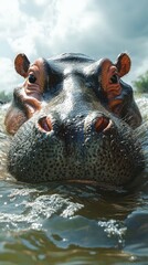Fototapeta premium Large hippopotamus swimming in calm water under a cloudy sky at midday in a natural habitat