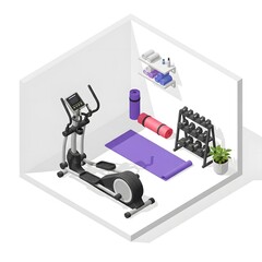Isometric view of a minimalist home gym with an elliptical machine yoga mat dumbbells and plant arranged in a white-walled room. The scene is brightly lit emphasizing the equipment and space.