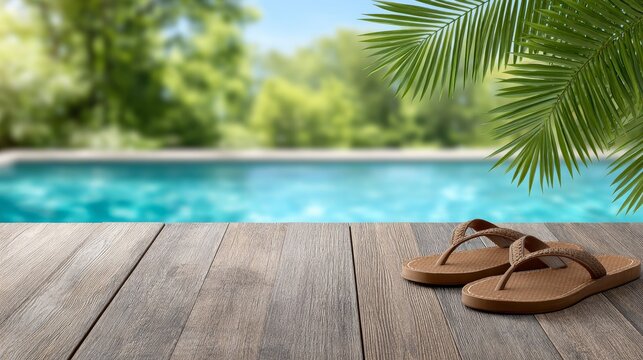 Casual summer beach setup swimsuit and flip flops on holiday travel vibes by the poolside in a relaxing environment - Powered by Adobe