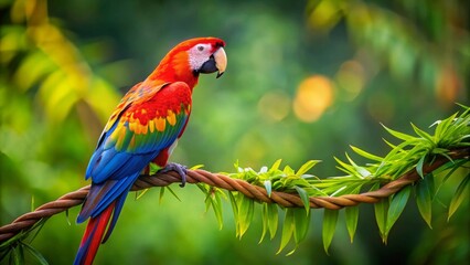 Obraz premium A Vibrant Scarlet Macaw Perched on a Twisted Vine, Surrounded by Lush Green Foliage in a Tropical Paradise