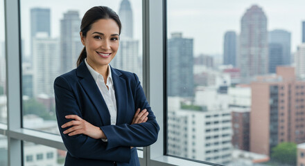 Fototapeta premium Confident asian businesswoman portrait in suit with city skyline background